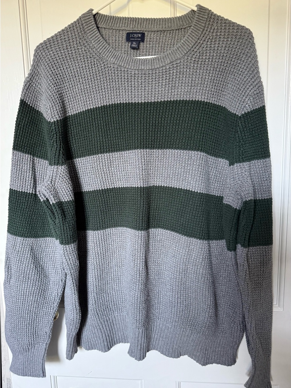 J. Crew Gray Crewneck Sweater w/ Green Stripes Size XL - Measurements in Pics